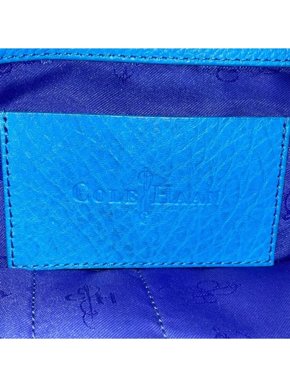 Cole Haan Women’s Blue Leather with Side Pockets Pebbled Texture Chic Hobo Bag